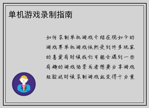单机游戏录制指南